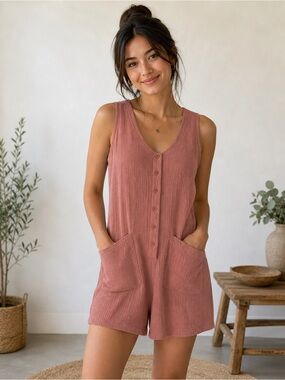 Cotton Bleu Dusty Rose Double Gauze Sleeveless Button Front Romper Size S